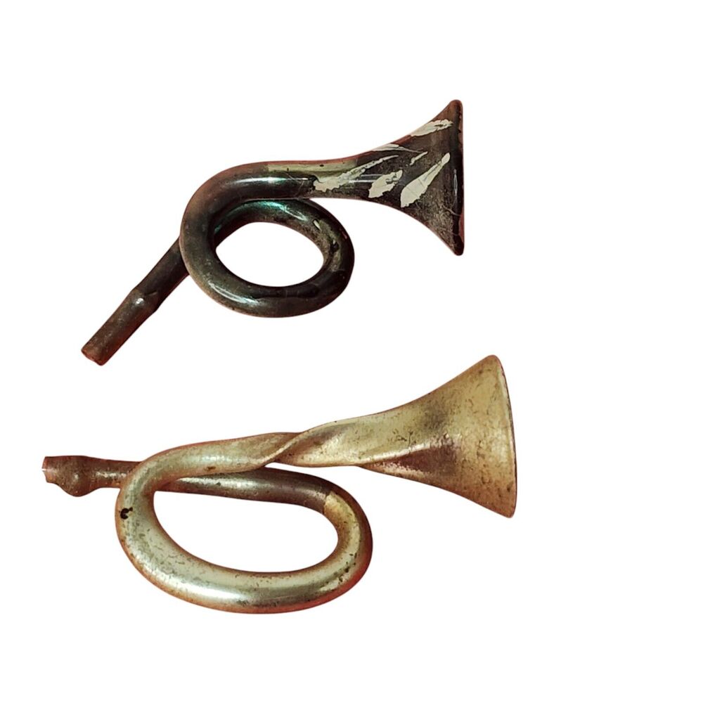 vtg Hand Blown German Mercury Glass Trumpet French Horn Christmas 2 Ornaments